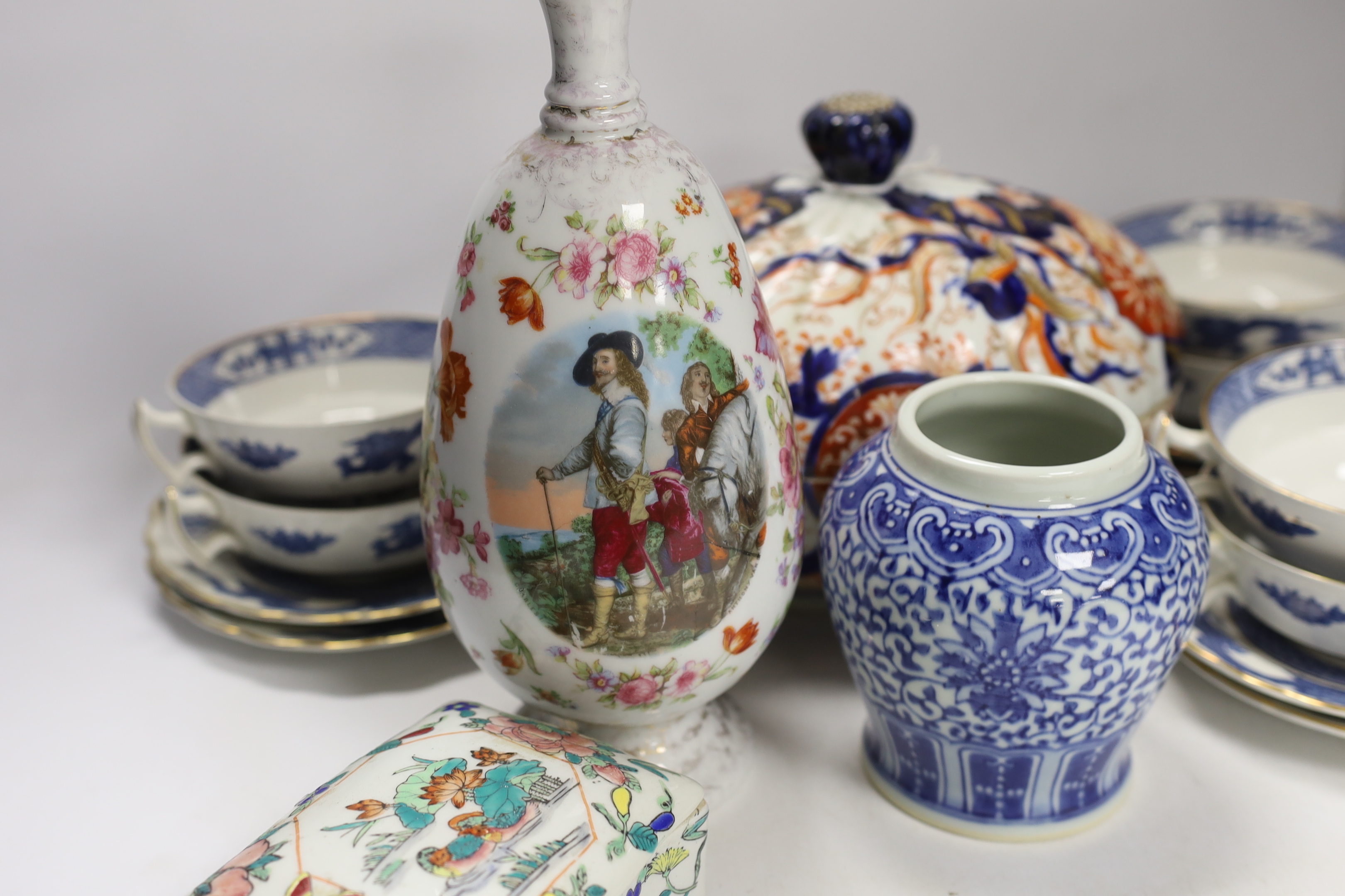 A 19th century Japanese Imari box and cover together with other Japanese, Chinese and European ceramics, largest 25cm